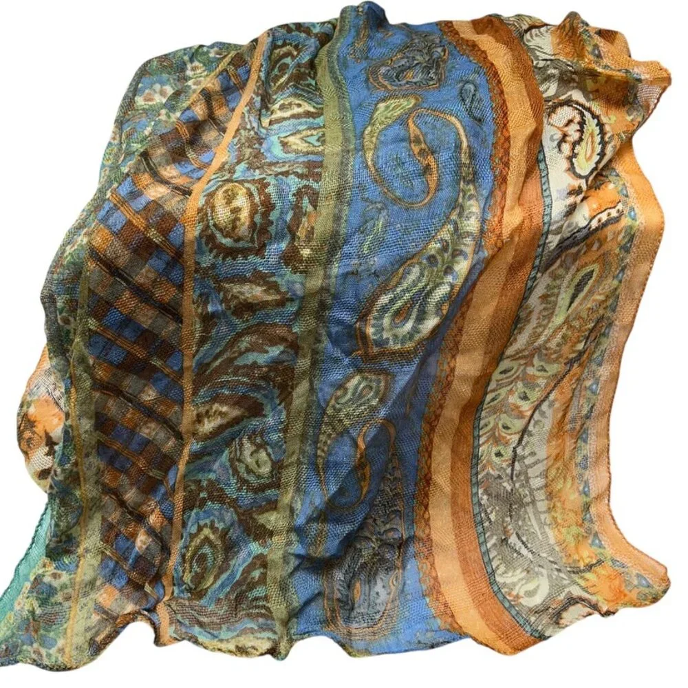Rich orange slate blue Paisley print scarf